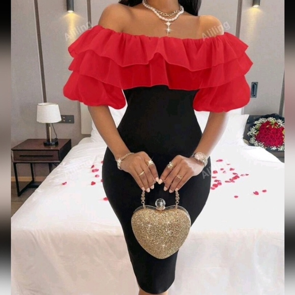 Elegant Off Shoulder Puff Sleeve Bodycon Dress For Work - Picture 1 of 4